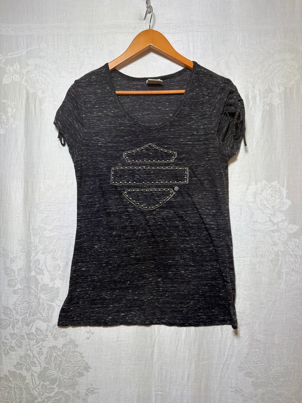 Harley Davidson T Shirt Small Gray Studded Lace up Short Sleeves